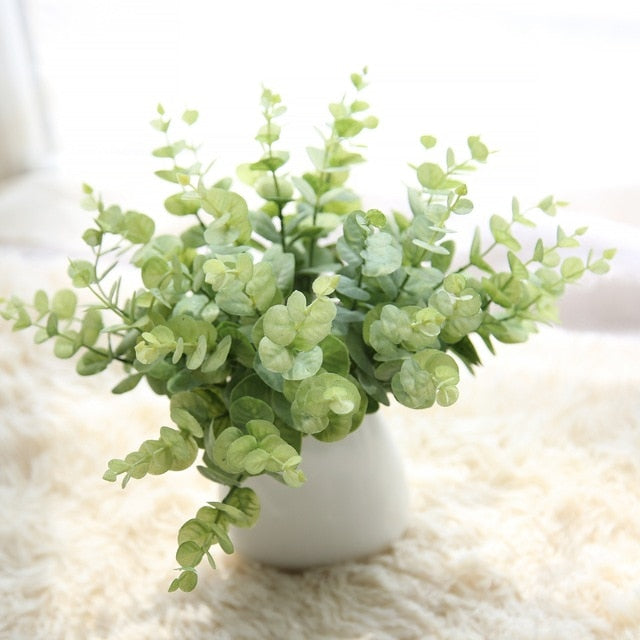 1Branch DIY Artificial Grass Leaves Plastic Green Plants Fake Eucalyptus Leaf For Home Vases Decoration Wedding Party Decoration