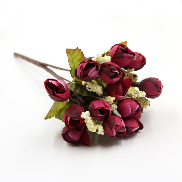 15Heads/Bouquet DIY Artificial Silk Small Bud Roses Bract Simulation Branch Flowers For Home Wedding Party Vases Decorations